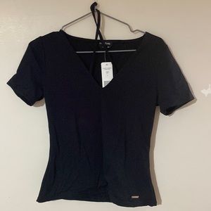 Plunging v neck top with tie